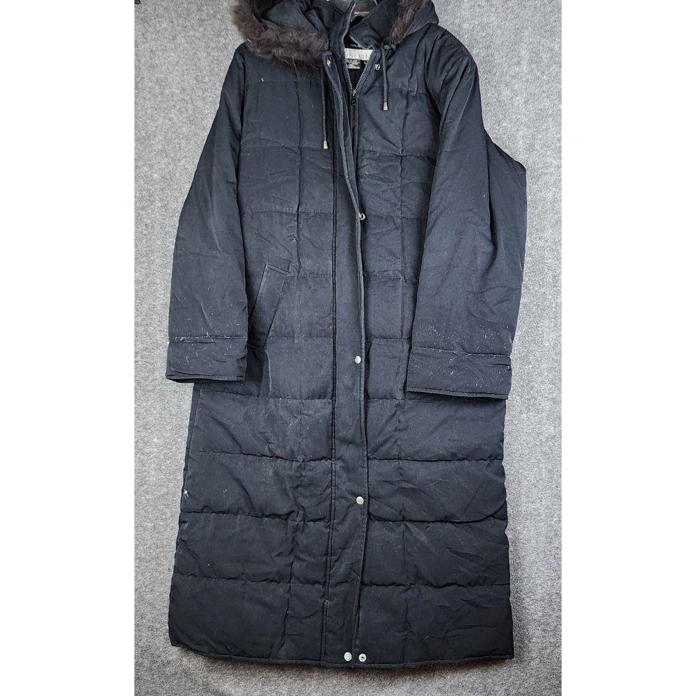 Anne Klein Puffer Coat Women L Black Real Down Maxi Long Faux‎ Fur Hood Parka